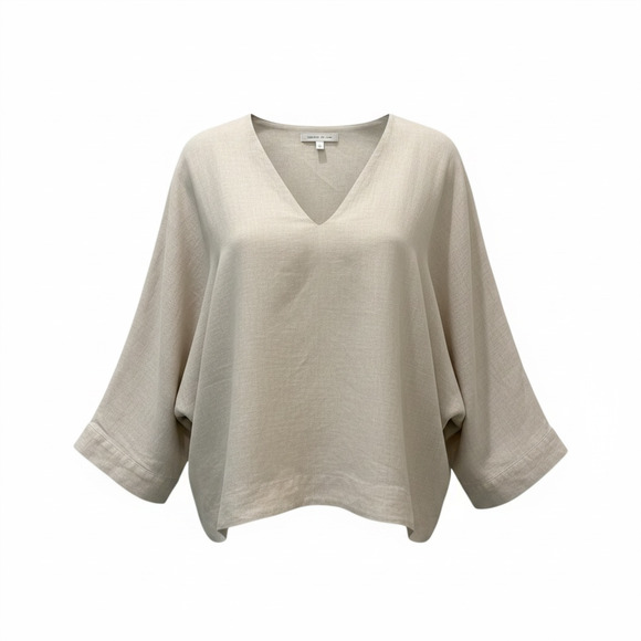 OYSHO Tops - Oysho Blouse Womens Large Beige Linen V Neck Kimono Sleeve Relaxed Top Summer